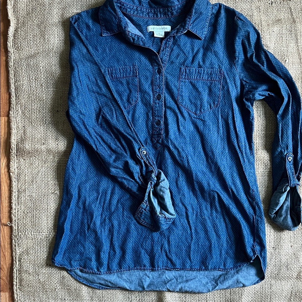 100% Cotton, vintage Liz Claiborne Blue Microdot polka dot Denim Tunic Shirt M